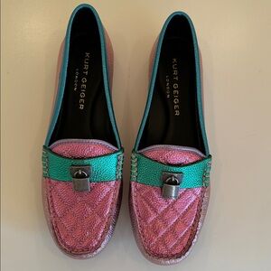 New Kurt GeigerLeather Metallic Pink and Teal Loafers. Size 38.5